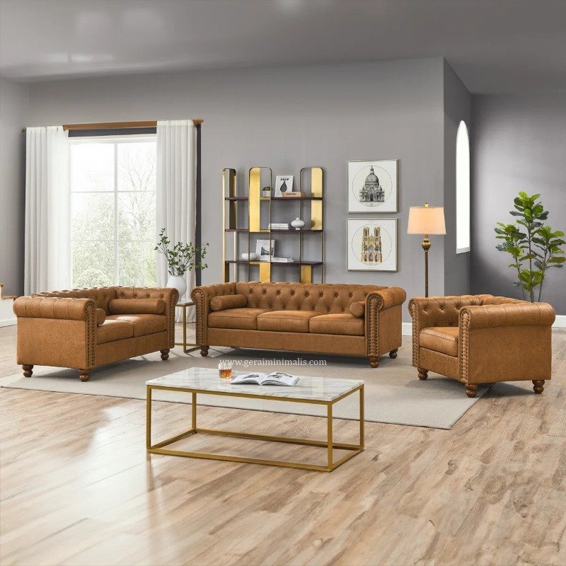 Sofa Tamu Kulit Sintetis Cokelat Model Chesterfield Formasi 321 Dudukan