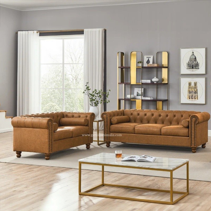 Sofa Tamu Kulit Sintetis Cokelat Model Chesterfield Formasi 321 Dudukan (2)