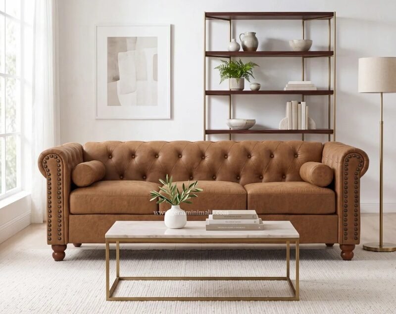 Sofa Tamu Kulit Sintetis Cokelat Model Chesterfield Formasi 321 Dudukan (4)