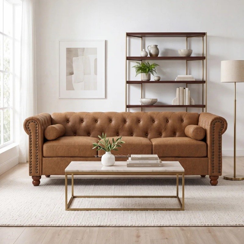 Sofa Tamu Kulit Sintetis Cokelat Model Chesterfield Formasi 321 Dudukan (4)