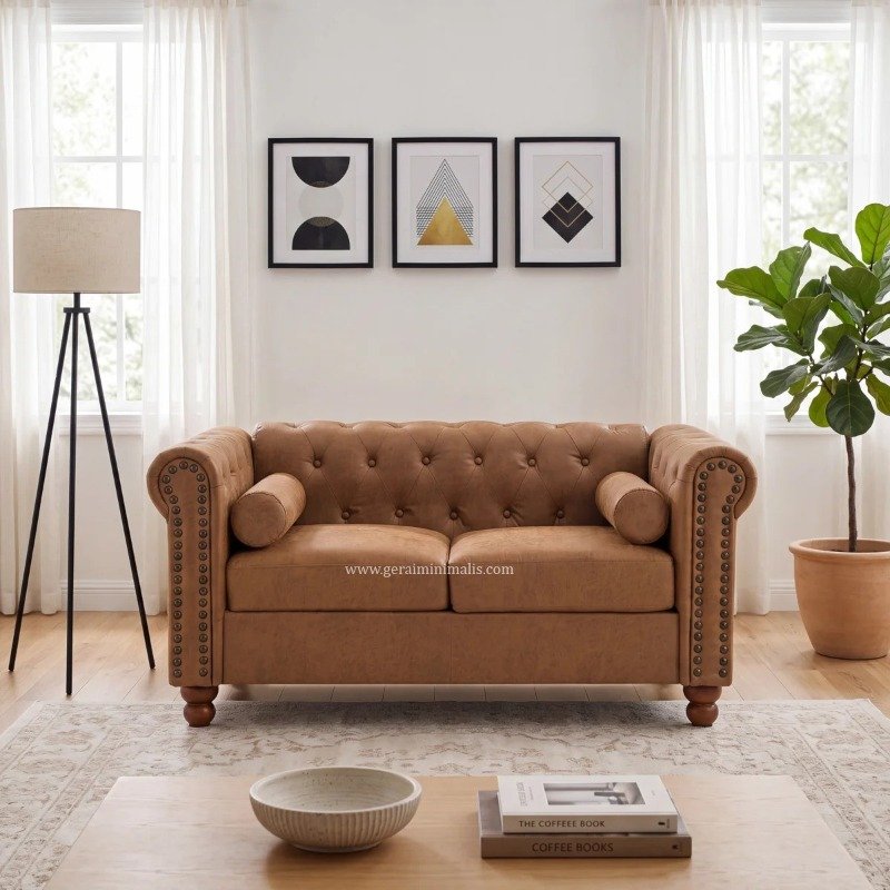 Sofa Tamu Kulit Sintetis Cokelat Model Chesterfield Formasi 321 Dudukan (5)