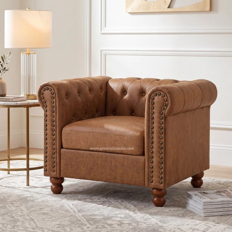 Sofa Tamu Kulit Sintetis Cokelat Model Chesterfield Formasi 321 Dudukan (6)
