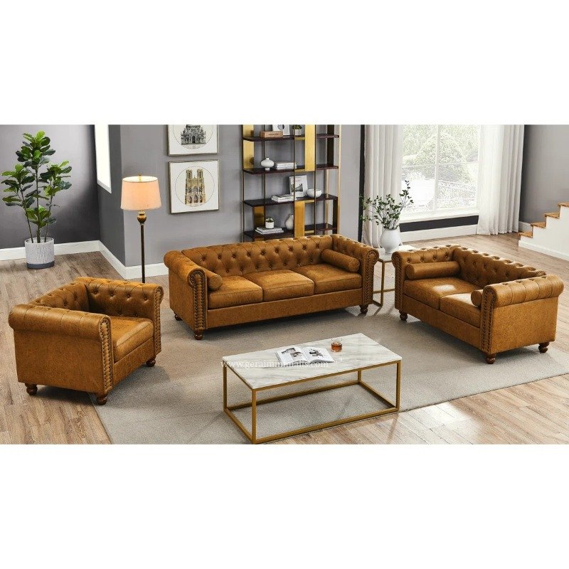 Sofa Tamu Kulit Sintetis Cokelat Model Chesterfield Formasi 321 Dudukan (9)