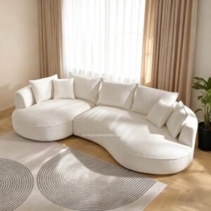 Sofa Tamu L Boucle Putih Curved dengan Chaise