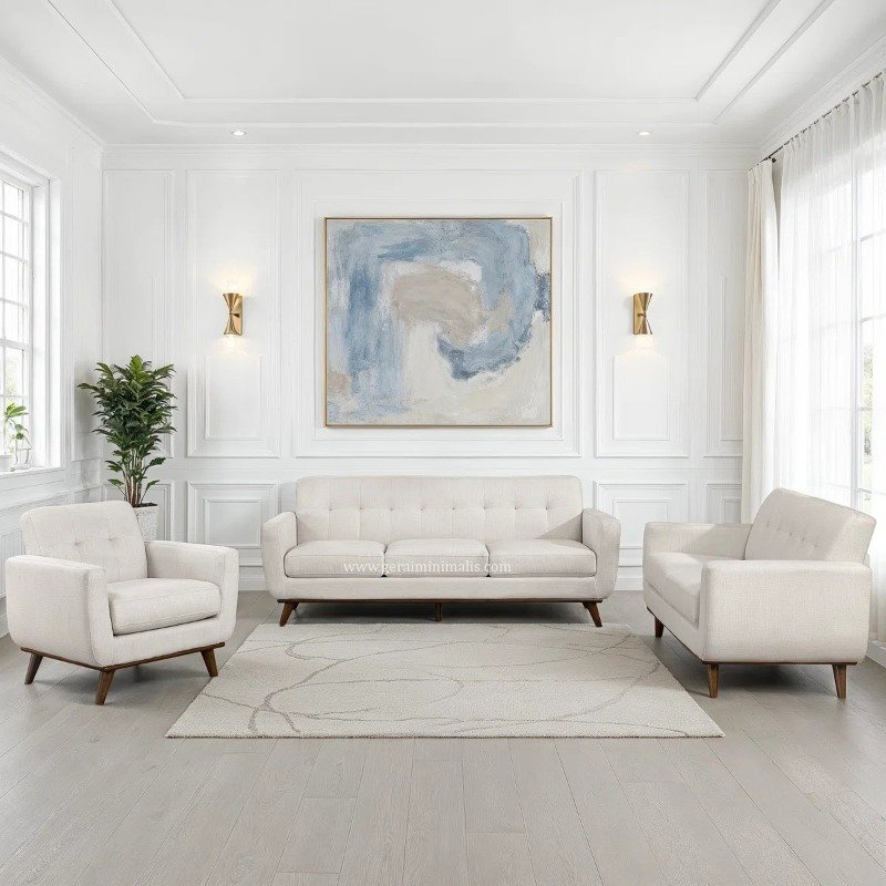 Sofa Tamu Minimalis Modern Putih Fabric Tekstur Formasi 321 Dudukan