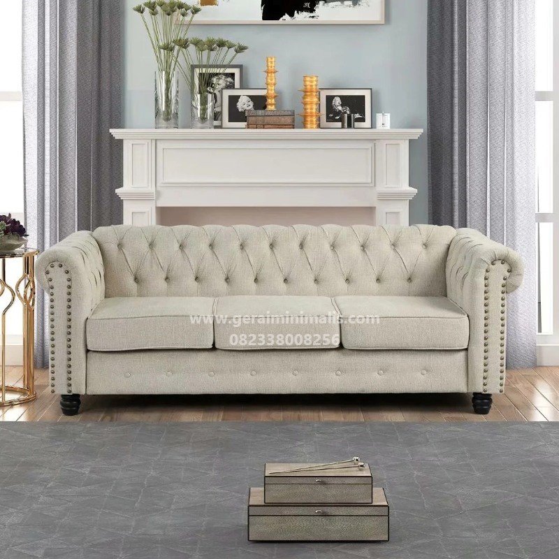 Sofa Tamu Panjang Chesterfield Kain Cream 3 Dudukan