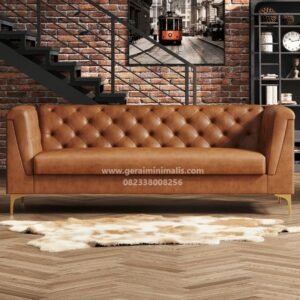 Sofa Tiga Dudukan Kulit Cokelat Chesterfield Modern Industrial