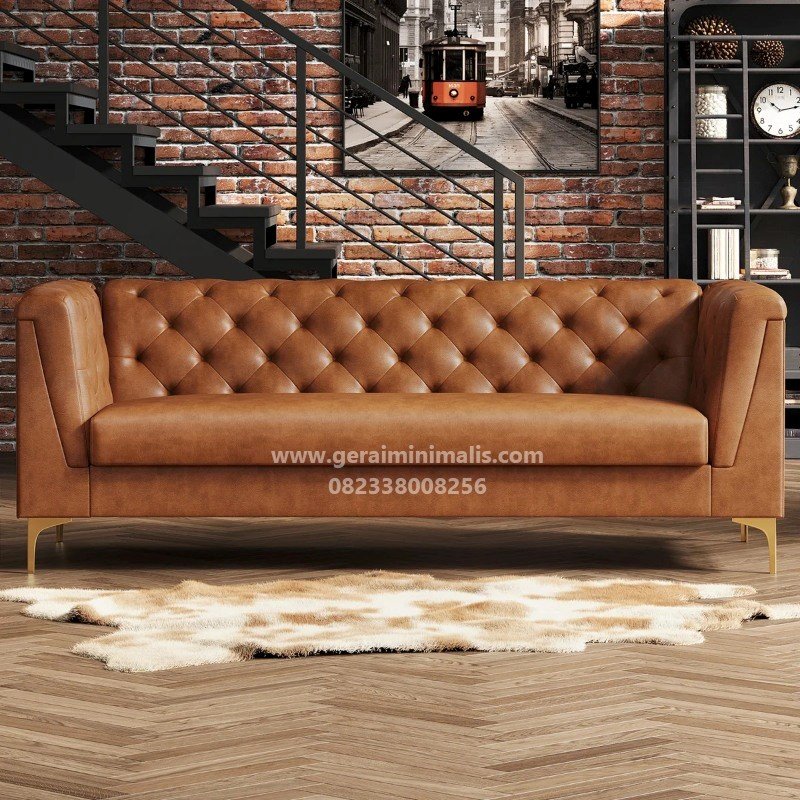 Sofa Tiga Dudukan Kulit Cokelat Chesterfield Modern Industrial