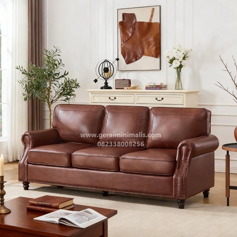 Sofa Tiga Dudukan Kulit Sintetis Chesterfield Klasik Premium