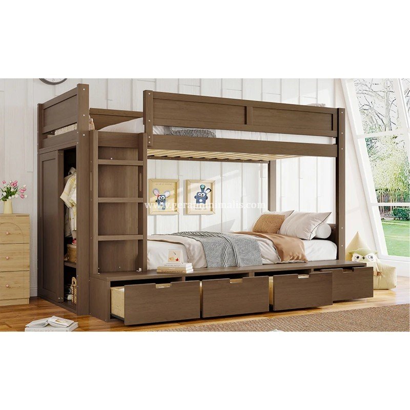 Tempat Tidur Anak Bertingkat Kayu Jati dengan Lemari (3)