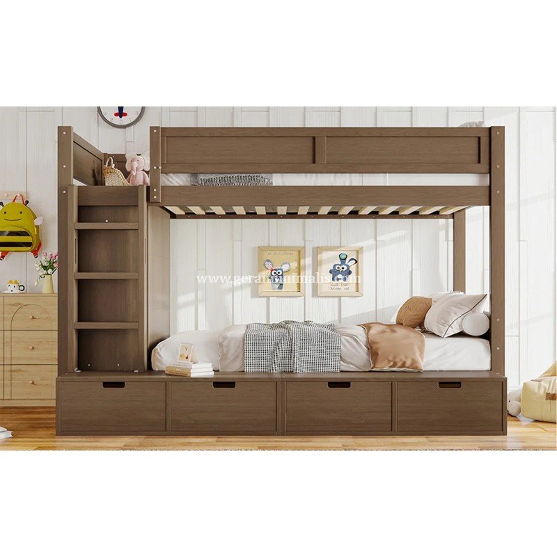 Tempat Tidur Anak Bertingkat Kayu Jati dengan Lemari (4)