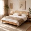 Tempat Tidur Kayu Jati Japandi dengan Headboard Rotan