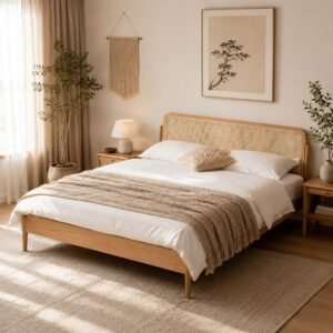 Tempat Tidur Kayu Jati Japandi dengan Headboard Rotan