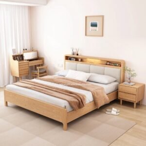 Tempat Tidur Kayu Jati Minimalis dengan Headboard Rak