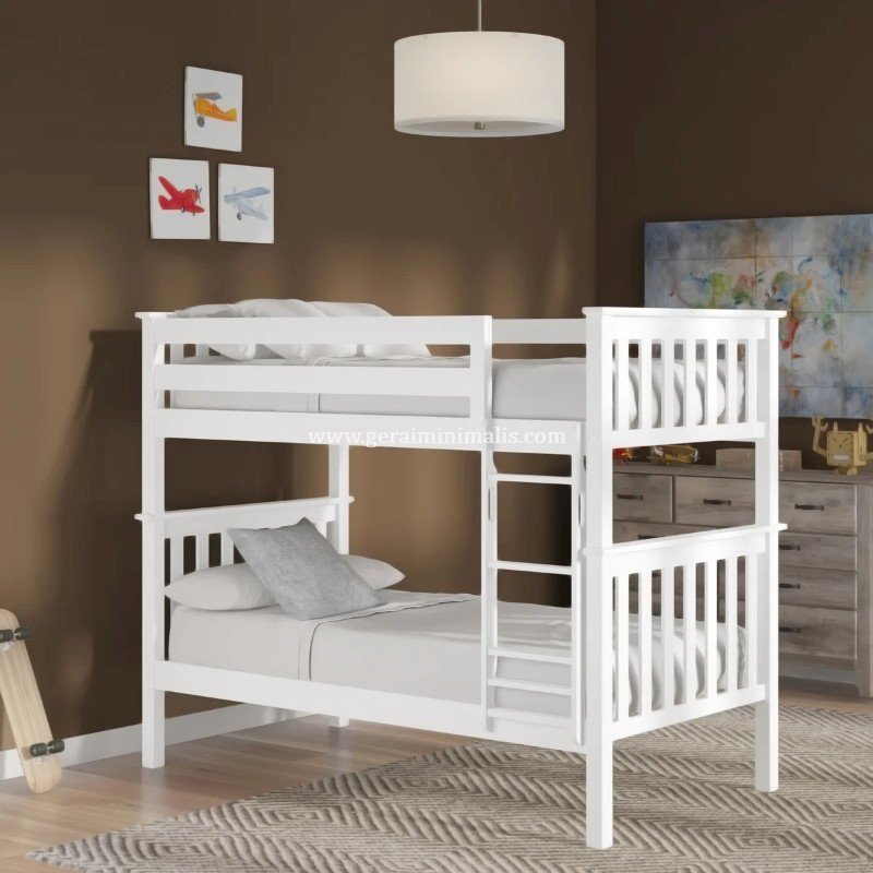 Tempat Tidur Susun Anak Putih dengan Pagar Pengaman 2 Tingkat