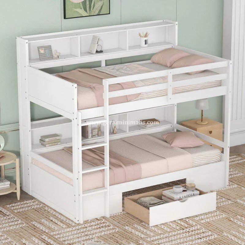 Tempat Tidur Tingkat Anak dengan Rak Buku dan Ruang Penyimpanan