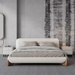 Tempat Tidur Upholstery Modern dengan Kaki Kayu